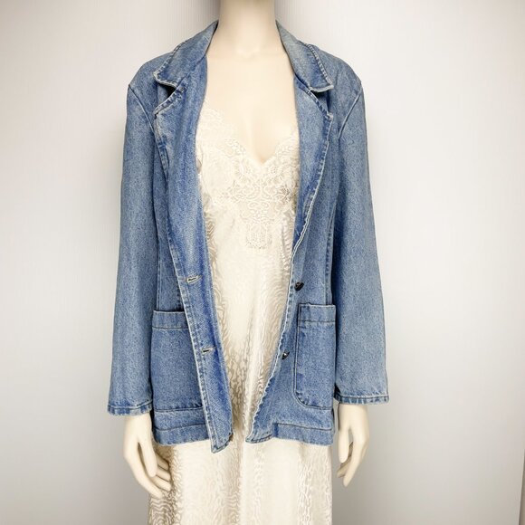 COBRA Vintage 90’s Long Blue Medium Wash Jean Blazer V-Neck Pockets Jacket s M - Picture 4 of 7